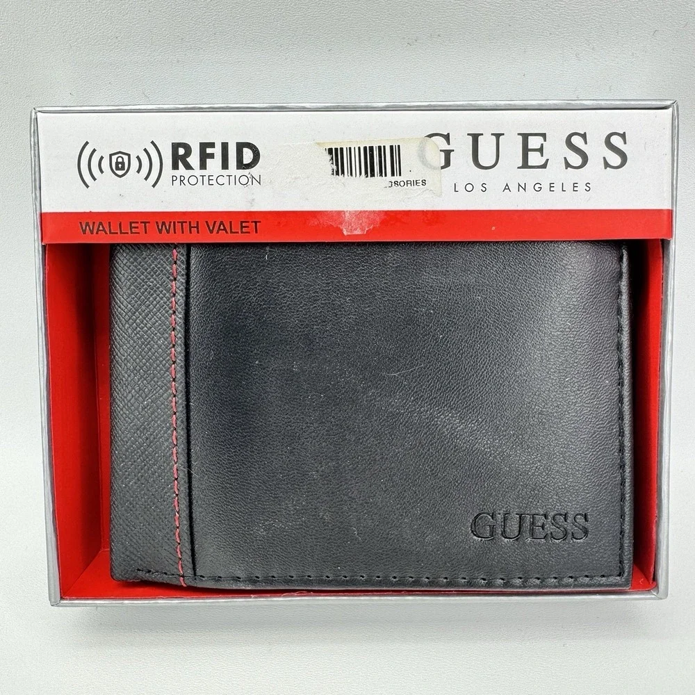 Guess RFID Blocking Wallet Black Leather Bifold Card ID Valet New In Box Flaw